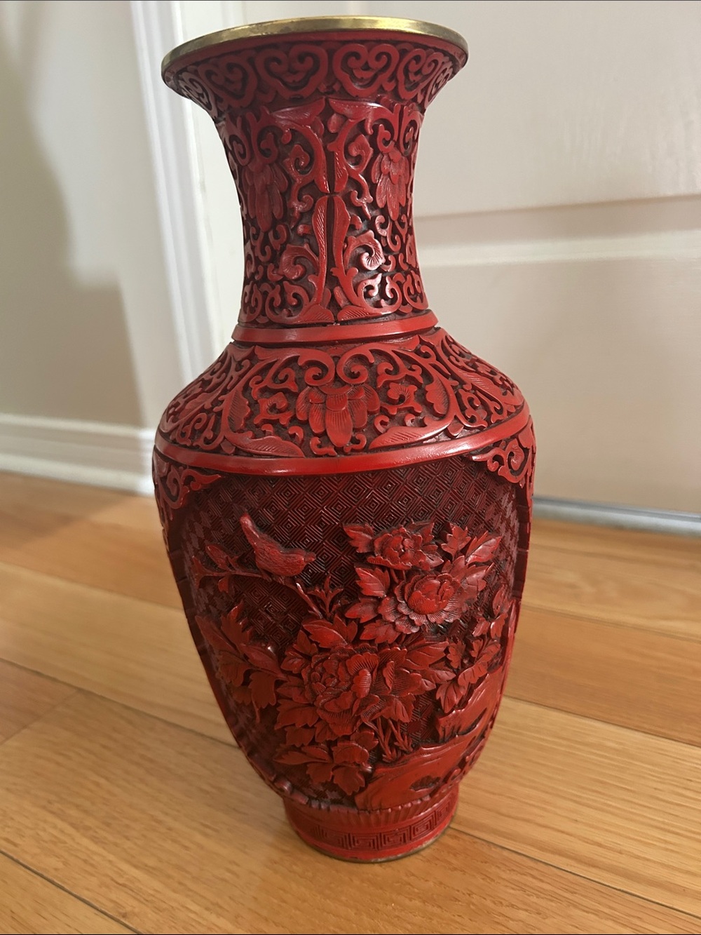 Red Cinnabar 13” Antique Carved Bird & Floral Decorative Vase